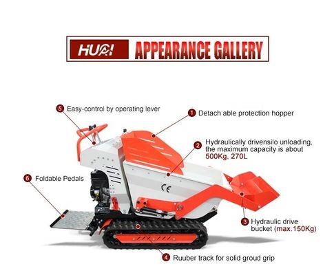 800kg χωρητικότητα φορτίου Mini Crawler Dumper με κινητήρα 6,5HP και υδραυλική ροή 28,8 L